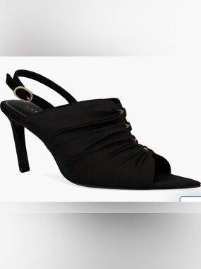 Natori Black Satin Gold Accented Sling Back Heels Size 7.5